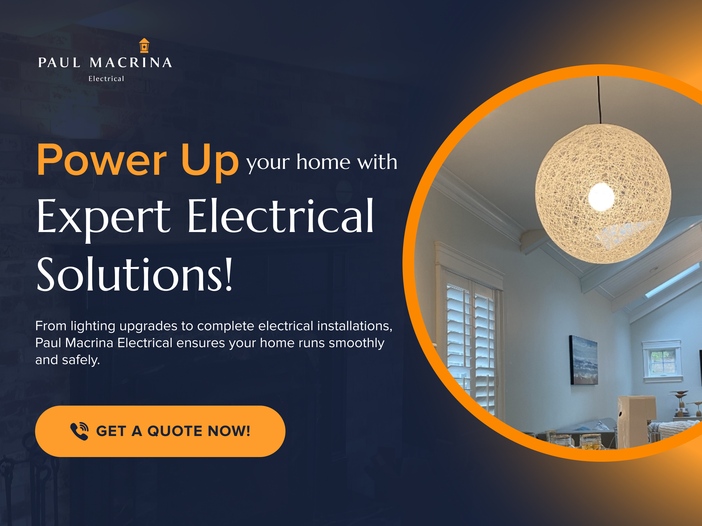 Paul Macrina Electrical expert solutions banner featuring pendant light fixture in modern home interior