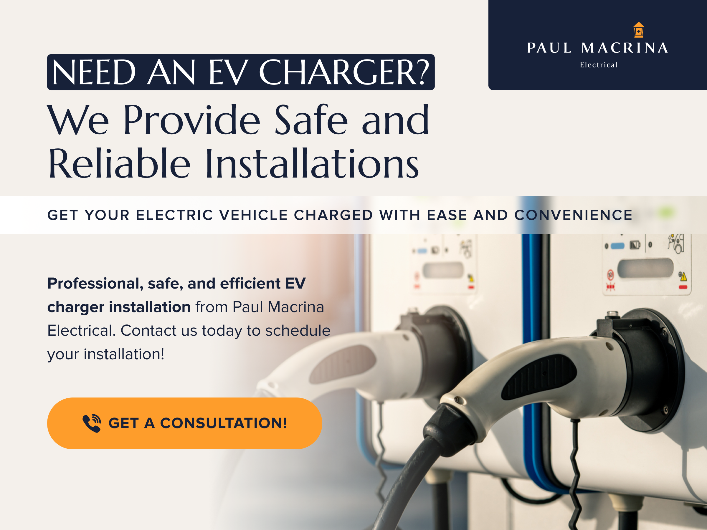 EV charger installation service from Paul Macrina Electrical with white and black charging units