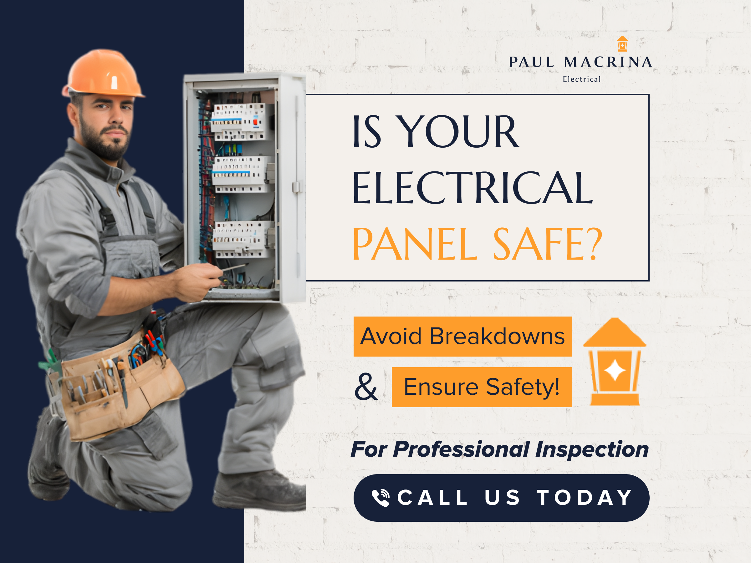 Electrician in hard hat inspecting electrical panel with tools asking if panel is safe for homeowners