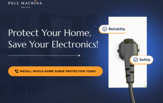 Paul Macrina Electrical whole-home surge protection advertisement with electrical plug and safety badges