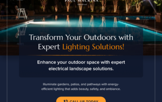 Illuminated swimming pool at night with landscape lighting on trees promoting Paul Macrina outdoor lighting solutions