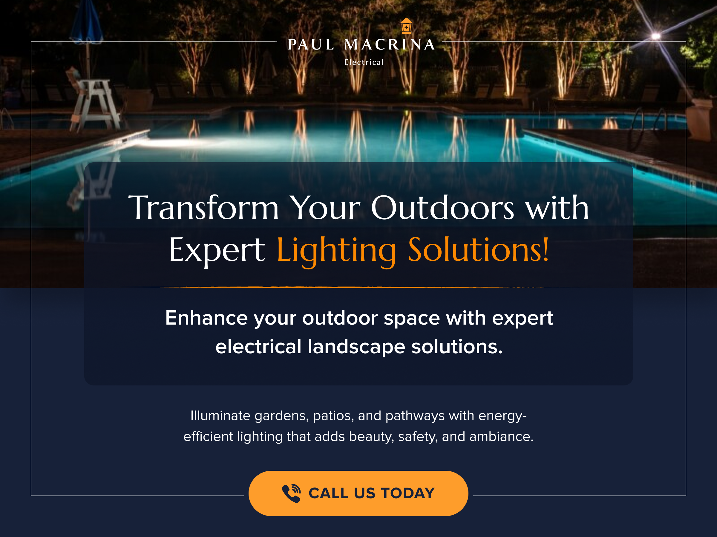 Illuminated swimming pool at night with landscape lighting on trees promoting Paul Macrina outdoor lighting solutions