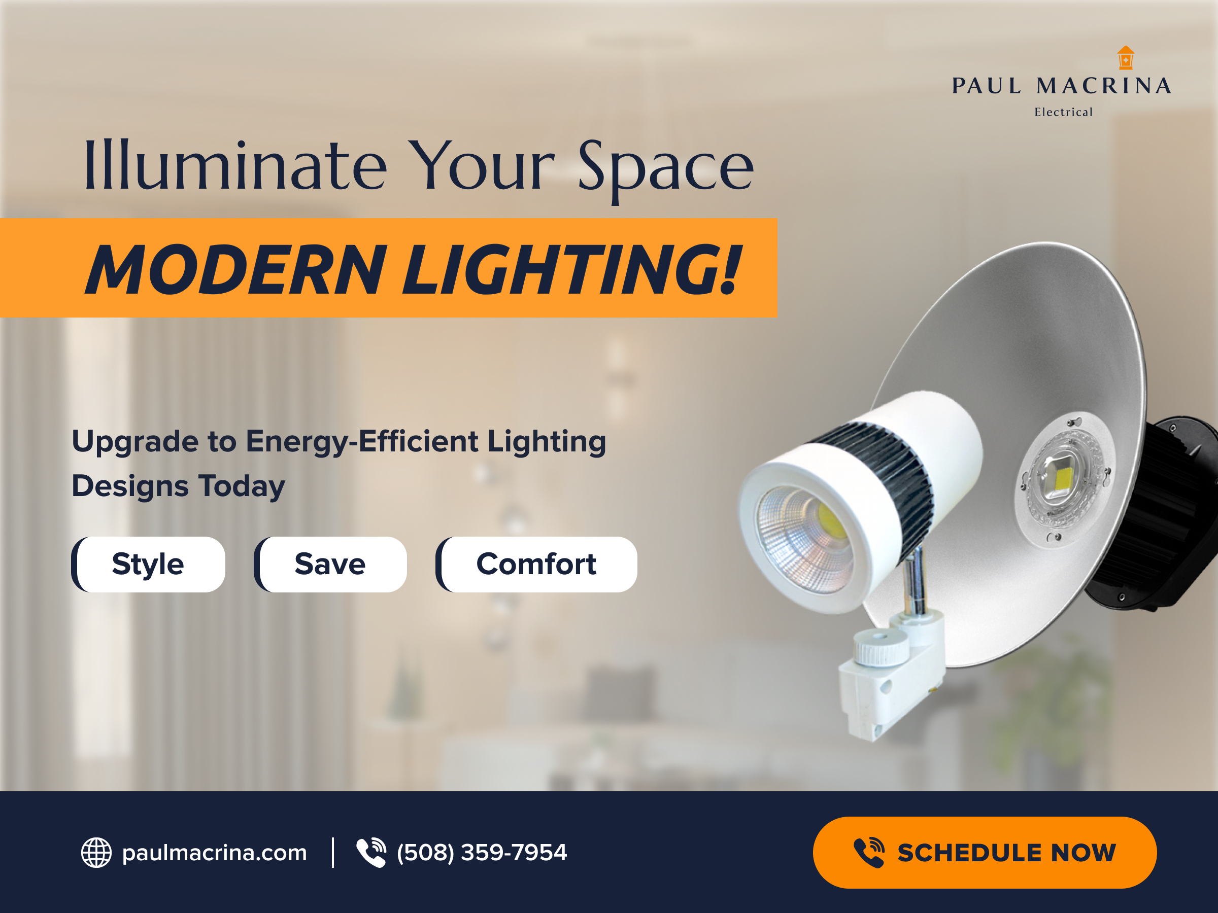 Modern energy-efficient LED lighting options with reflector showing style, save, and comfort benefits
