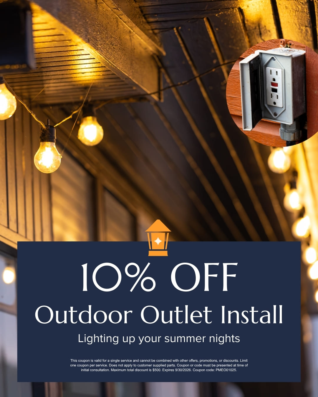 10-Outdoor-Outlet-sept | Paul Macrina Electrical Promotional banner over warm string lights offering 10% off Outdoor Outlet Install with a lantern icon on a dark blue panel.