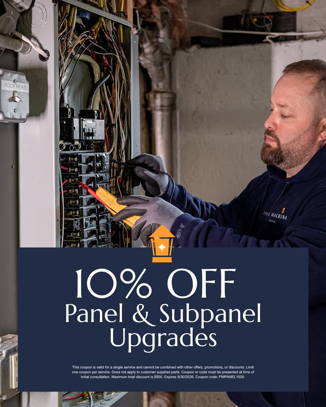 10-Panel-Subpanel-sept | Paul Macrina Electrical Electrician in a navy hoodie inspecting a circuit breaker panel in a basement; banner reads '10% OFF Panel & Subpanel Upgrades'