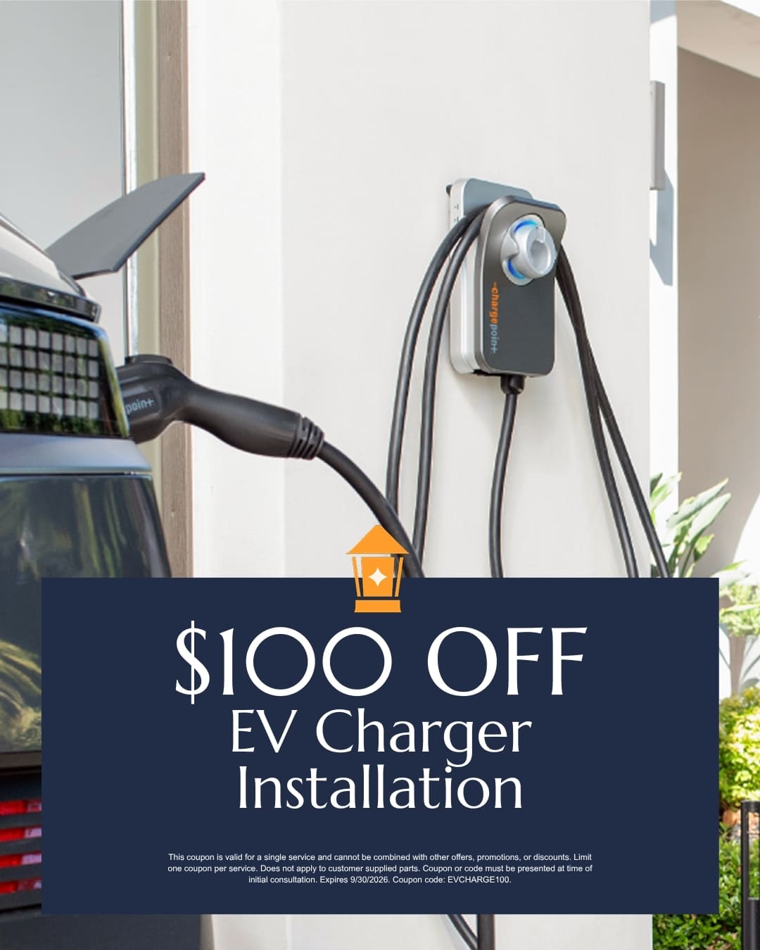 100-EV-Charger-sept | Paul Macrina Electrical Promotional image showing an EV charging wall unit with a car plugged in, advertising 0 off EV charger installation with fine print text at the bottom.