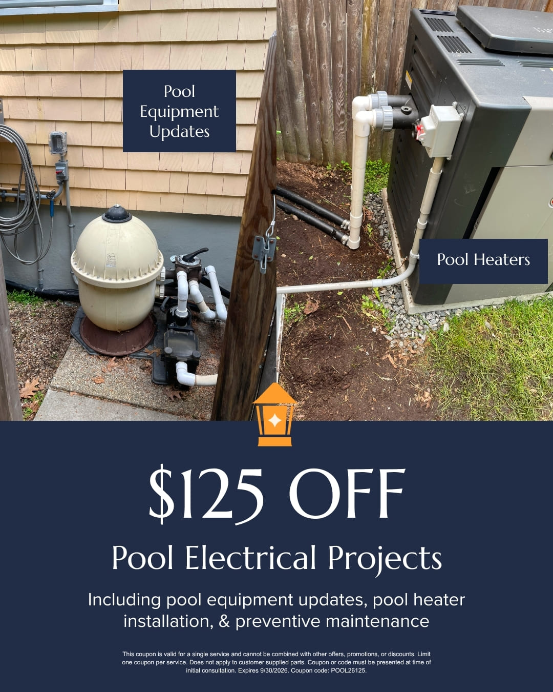 125-Pool-Electrical-sept | Paul Macrina Electrical Outdoor pool equipment area with heater, pump, and piping; overlays read 'Pool Equipment Updates' and '5 OFF Pool Electrical Projects'.