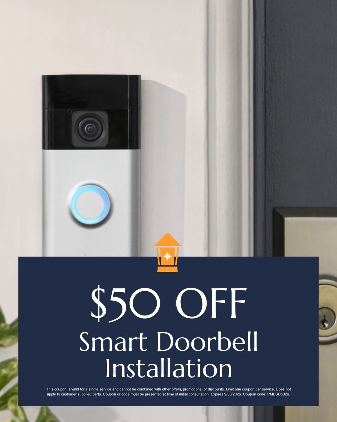 50-Smart-Home-sept | Paul Macrina Electrical Doorbell camera on a doorway with a dark blue promo banner reading OFF Smart Doorbell Installation.