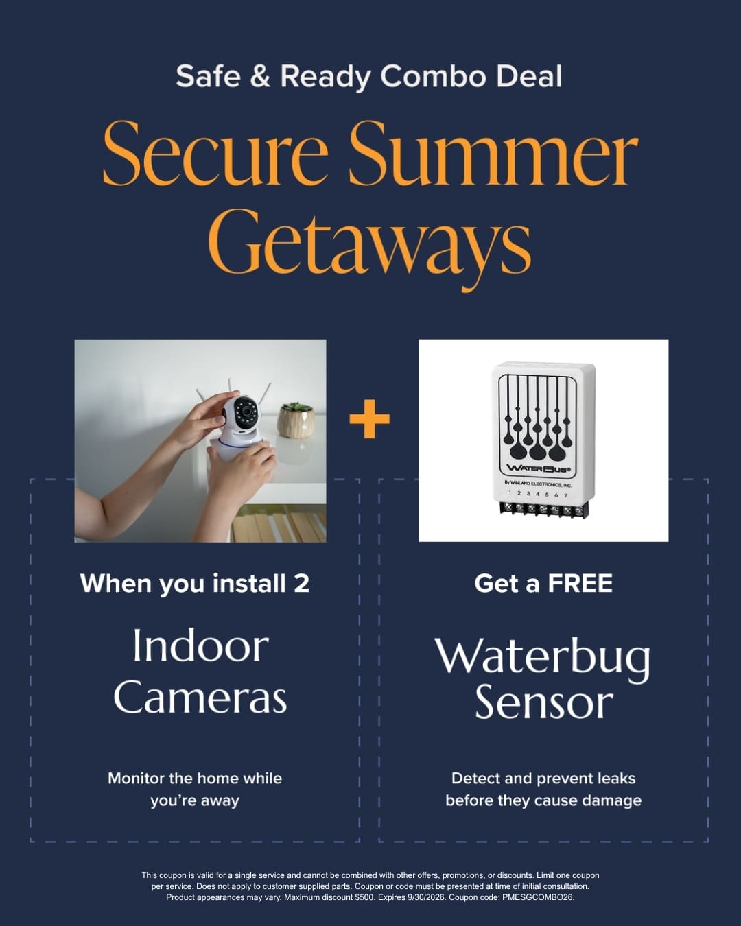 Combo-Secure-Summer-sept | Paul Macrina Electrical Promo image for a deal: left panel shows installing indoor camera, right panel shows WaterBug Sensor; headline reads 'Secure Summer Getaways' with 'Safe & Ready Combo Deal'